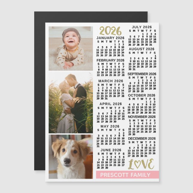 2026 Calendar Blush Pink Gold Custom Family Photos Magneteinladung (Vorne/Hinten)