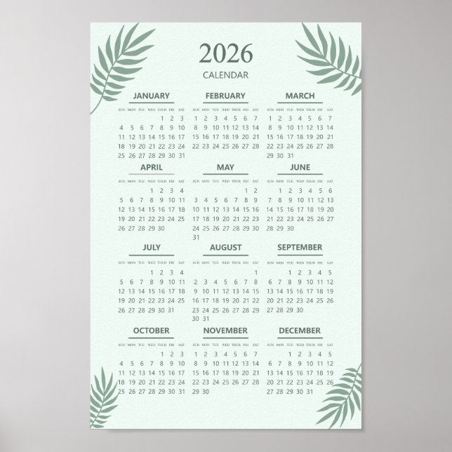 2026 Calendar Boho Blumenästhetische Minze Grün Poster (Vorne)
