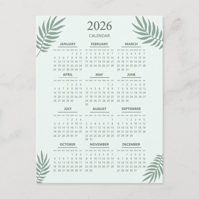 2026 Calendar Boho Blumenästhetische Minze Grün Postkarte (Vorderseite)