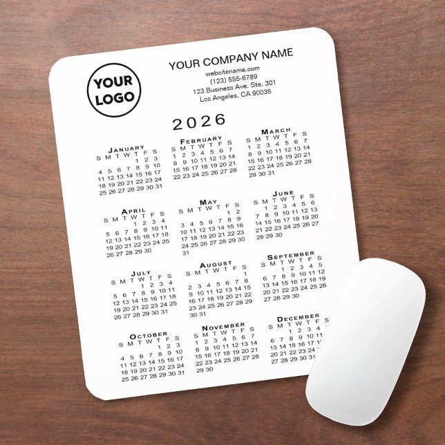 2026 Calendar Business Logo and Text on White Mousepad (2026 Calendar Business Logo and Text on White Mouse Pad, in situ)
