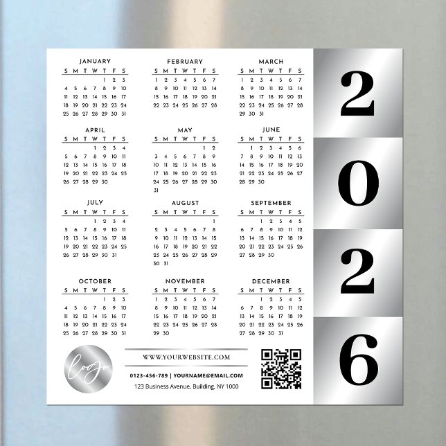 2026 Calendar Business Logo QR Code Chrome Silver Magnetkarte (Von Creator hochgeladen)