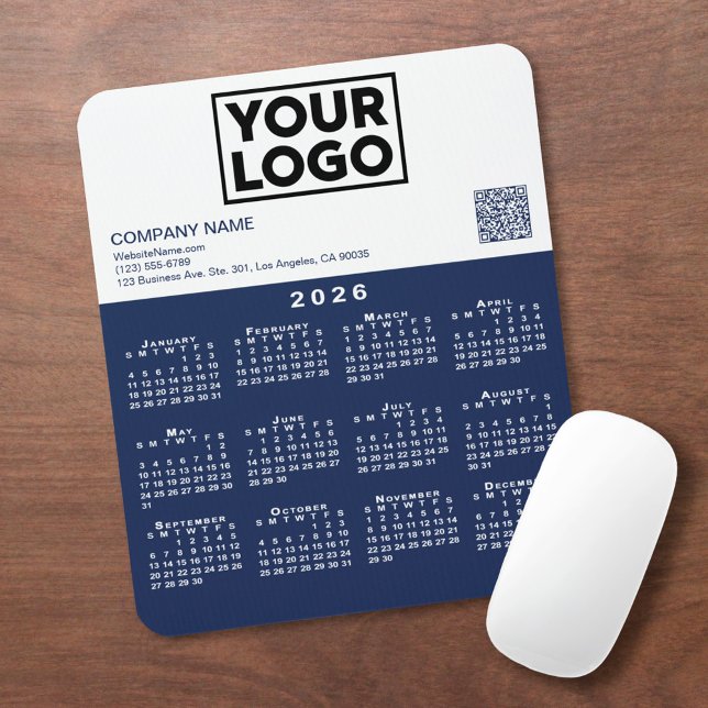 2026 Calendar Business Logo QR Code Navy White Mousepad (2026 Calendar Business Logo QR Code Navy White Mouse Pad, in situ)