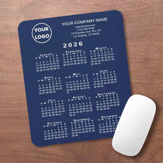 2026 Calendar Business-Logo und Text Navy Blue Mousepad (2026 Calendar Business Logo and Text Navy Blue Mouse Pad, in situ)