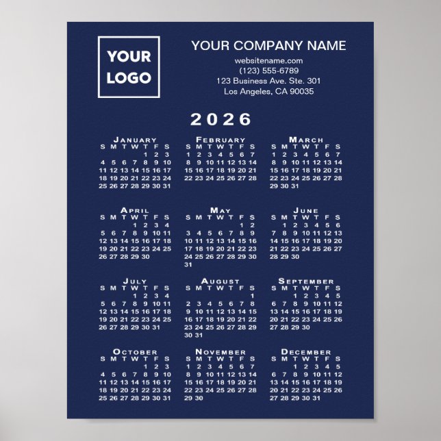 2026 Calendar Business-Logo und Text Navy Blue Poster (Vorne)