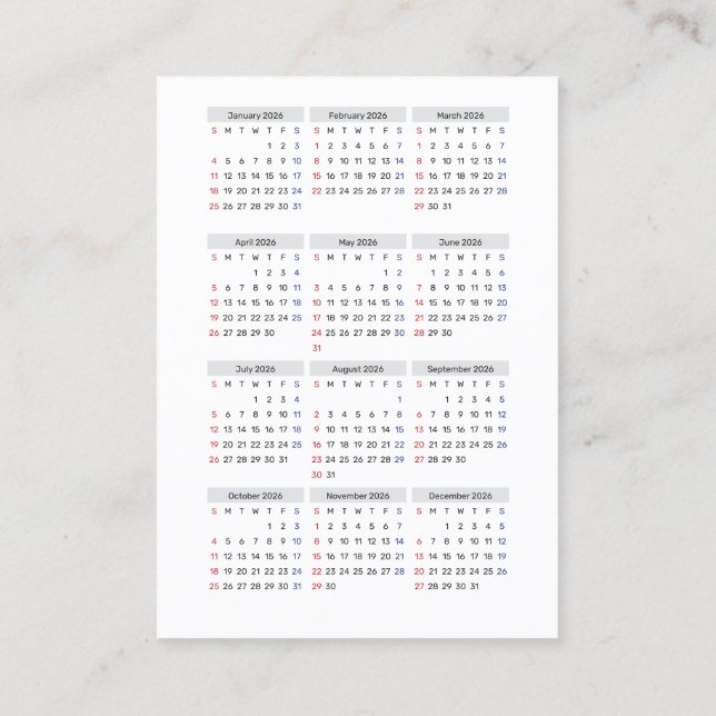 2026 Calendar Card: Sunday Start, Black & White  Visitenkarte (Rückseite)
