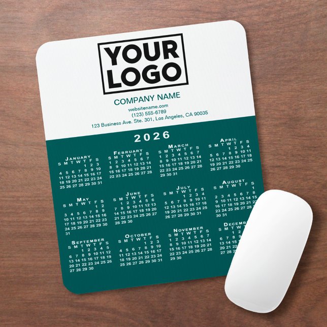 2026 Calendar Company Logo and Text Teal White Mousepad (2026 Calendar Company Logo and Text Teal White Mouse Pad, in situ)