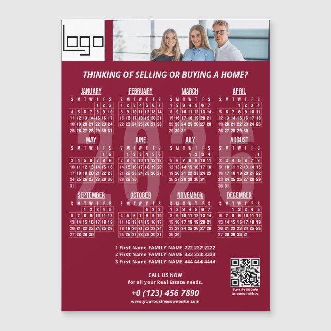 2026 Calendar Company Logo QR Code Burgundy Foto Magnetkarte (Vorderseite)