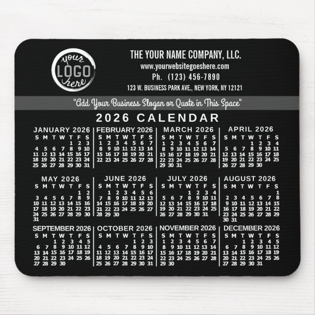 2026 Calendar Custom Business Logo Name Easy Black Mousepad (Vorne)