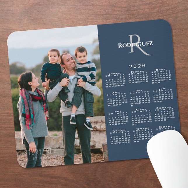 2026 Calendar Custom Photo Monogram Name Navy Blue Mousepad (2026 Calendar Custom Photo Monogram Name Navy Blue Mouse Pad, in situ)