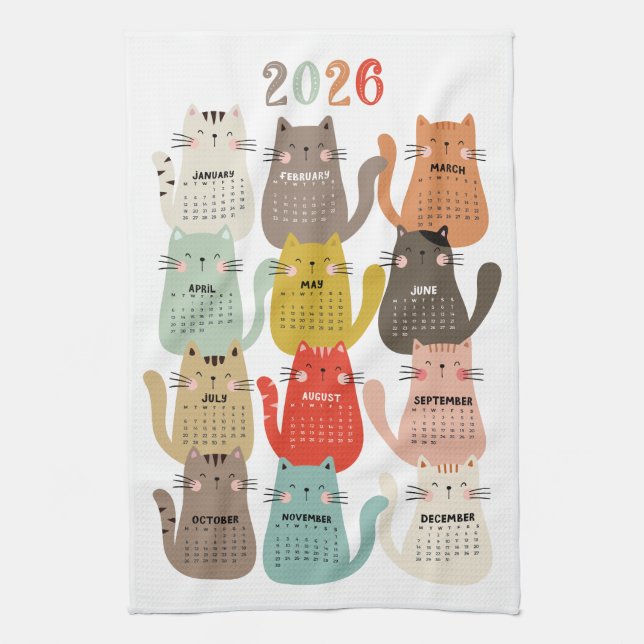 2026 Calendar Earth Tones Cats Geschirrtuch (Vertikal)