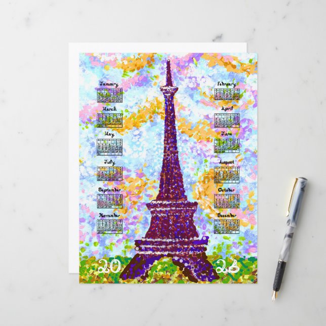 2026 Calendar Eiffel Tower Pointillism Landscape (Vorderseite/Rückseite Beispiel)