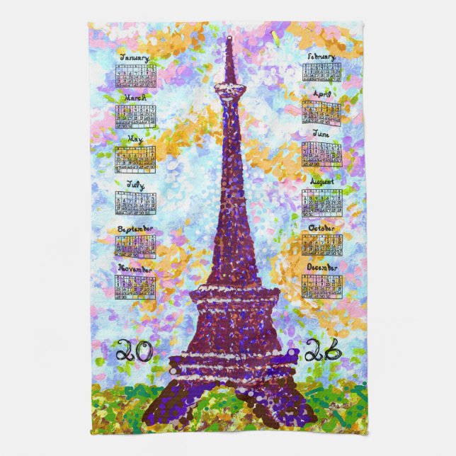 2026 Calendar Eiffel Tower Pointillism Landscape  Geschirrtuch (Vertikal)