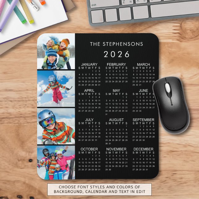 2026 Calendar Family 4 Photo Personalized Color Mousepad (Von Creator hochgeladen)
