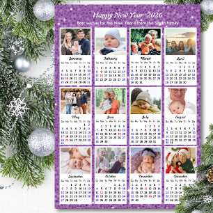 2026 Calendar Family Foto Moderner Lila Glitzer Magnetkarte