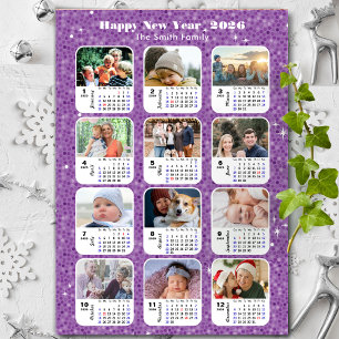 2026 Calendar Family Foto Moderner Lila Glitzer Magnetkarte