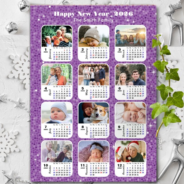 2026 Calendar Family Foto Moderner Lila Glitzer Magnetkarte (Von Creator hochgeladen)
