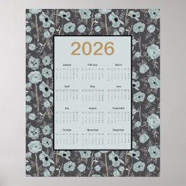 2026 Calendar Full Year Blue Gray Poppies Poster
