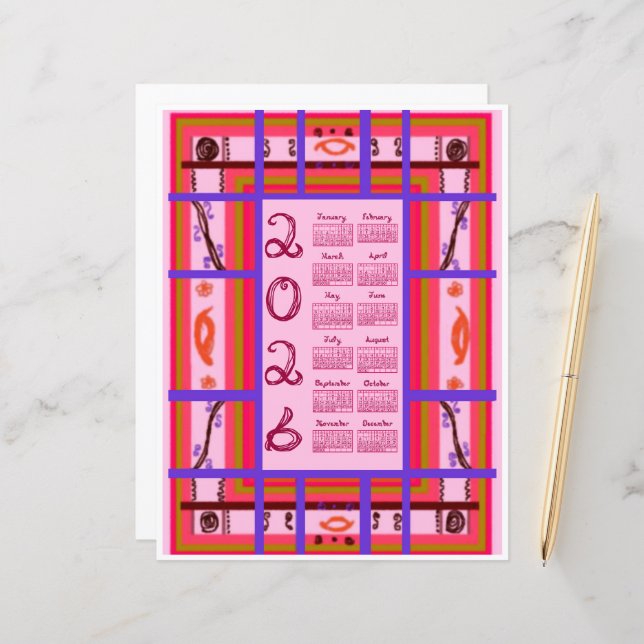 2026 Calendar Girl Power Curvy Plaid Berry Fabric  (Vorderseite/Rückseite Beispiel)