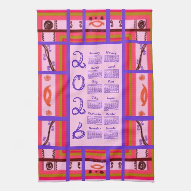 2026 Calendar Girl Power Curvy Plaid Frame Geschirrtuch (Vertikal)