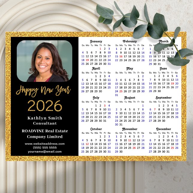 2026 Calendar Gold Black Business Foto Magnetic Magnetkarte (Von Creator hochgeladen)