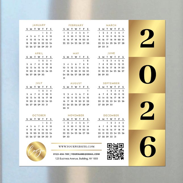 2026 Calendar Gold Business Logo QR Code Marketing Magnetkarte (Von Creator hochgeladen)