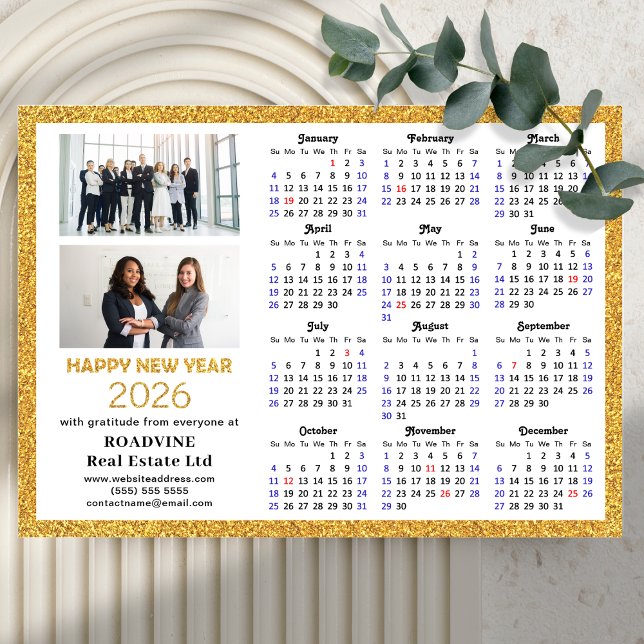 2026 Calendar Gold Glitzer Business Foto Magnetic Magnetkarte (Von Creator hochgeladen)