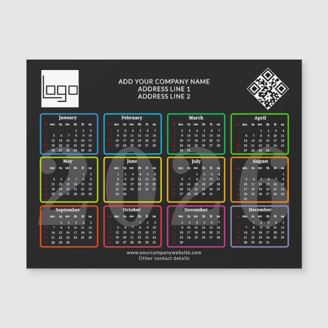 2026 Calendar Logo QR Code Modern Business Promo Magnetkarte (Vorderseite)