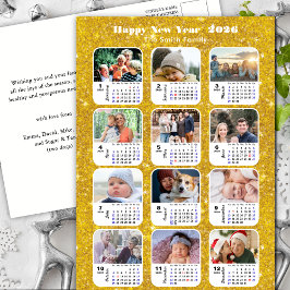 2026 Calendar Moderne 12 Foto Gold Glitzer Feiertagspostkarte