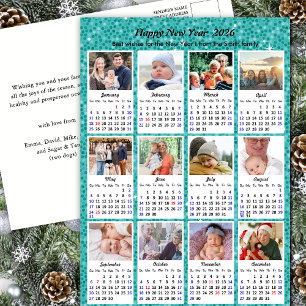2026 Calendar Moderne Familie 12 Foto Blue Glitzer Feiertagspostkarte