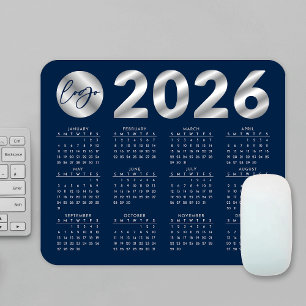 2026 Calendar Navy Blue & Silver Company Logo Mousepad