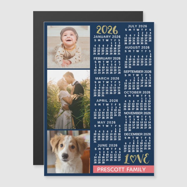 2026 Calendar Navy Coral Gold Custom Photo Collage Magneteinladung (Vorne/Hinten)