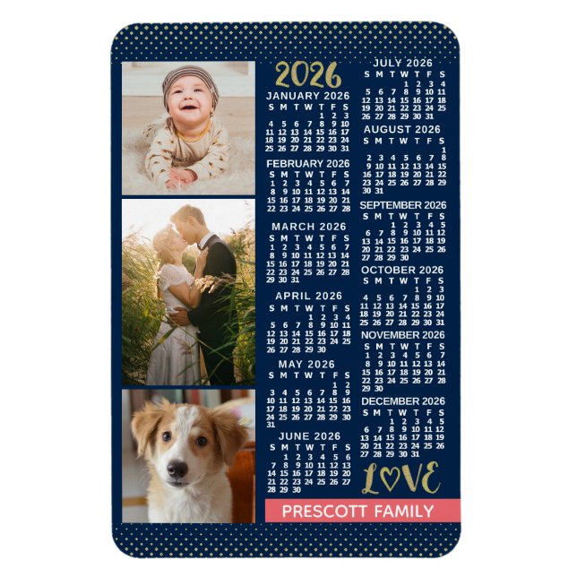 2026 Calendar Navy Coral Gold Family Photo Collage Magnet (Vertikal)