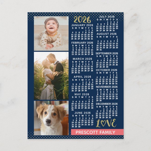 2026 Calendar Navy Coral Gold Family Photo Collage Postkarte (Vorderseite)