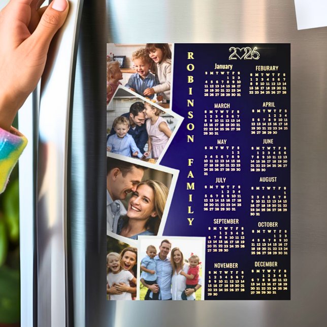 2026 Calendar Navy White Gold 5 Photo Collage Magnetkarte (Von Creator hochgeladen)
