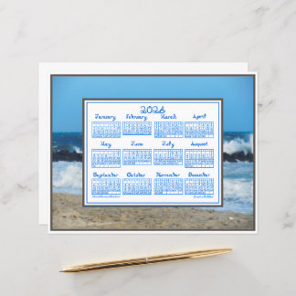 2026 Calendar Ocean Waves Beach Rocks Fabric Font