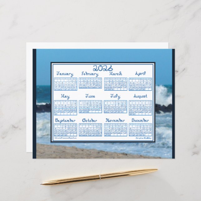2026 Calendar Ocean Waves Beach Rocks Fabric Font (Vorderseite/Rückseite Beispiel)