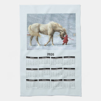 2026 Calendar of a Horse and Girl in Winter Snow Geschirrtuch