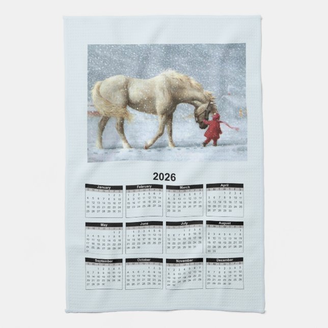 2026 Calendar of a Horse and Girl in Winter Snow Geschirrtuch (Vertikal)