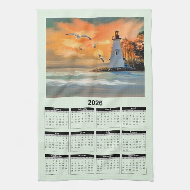 2026 Calendar of a White Lighthouse in Sunset Geschirrtuch (Vertikal)