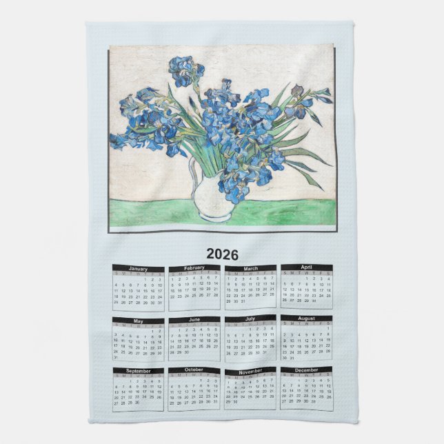 2026 Calendar of Van Gogh Blue Flowers in Vase Geschirrtuch (Vertikal)