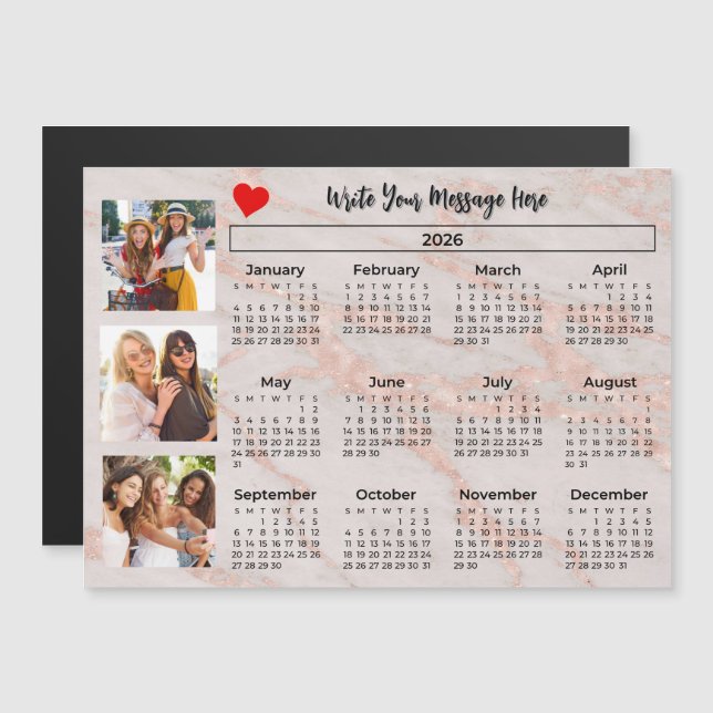 2026 Calendar Pink Marbleized Photo Collage Magnet (Vorne/Hinten)