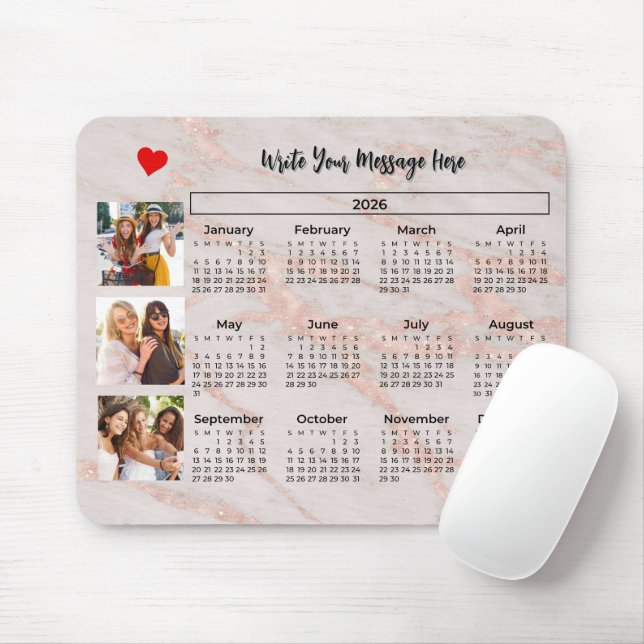 2026 Calendar Pink Marbleized Photo Collage Magnet Mousepad (Mit Mouse)
