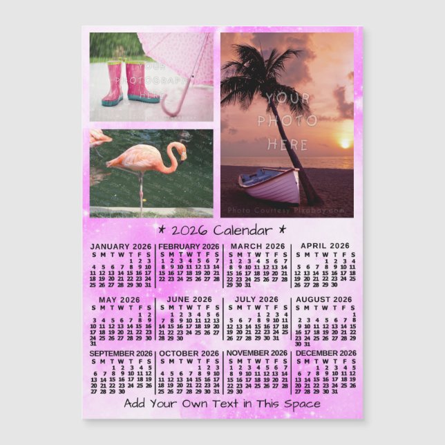 2026 Calendar Pink Watercolor Custom Photos Magnet (Vorderseite)