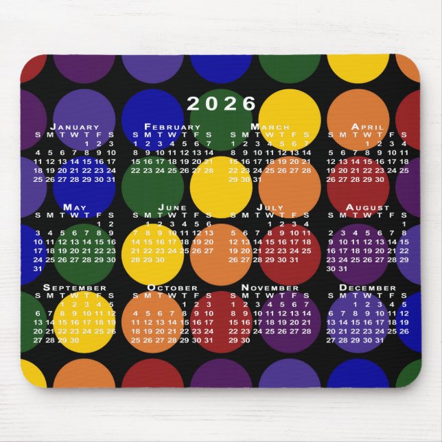 2026 Calendar Pride Rainbow Polka Dots on Black Mousepad (Vorne)