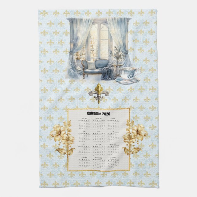 2026 Calendar Towel Blue Fleur de Lis Parisian  Geschirrtuch (Vertikal)