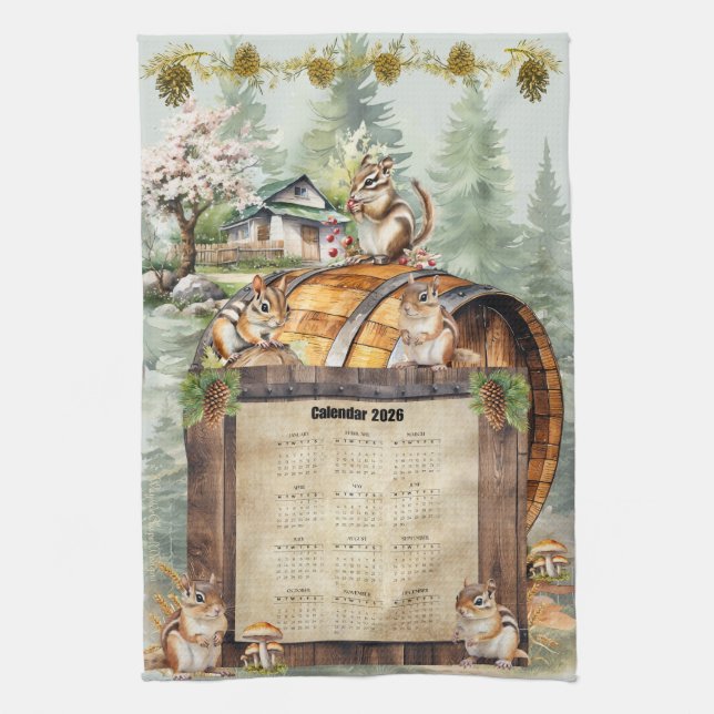 2026 Calendar Towel Cute Chipmunks Geschirrtuch (Vertikal)