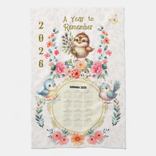 2026 Calendar Towel Cute Folk Floral Birds  Geschirrtuch (Vertikal)