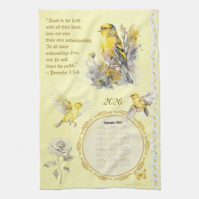 2026 Calendar Towel Goldfinch Trust in the Lord  Geschirrtuch (Vertikal)