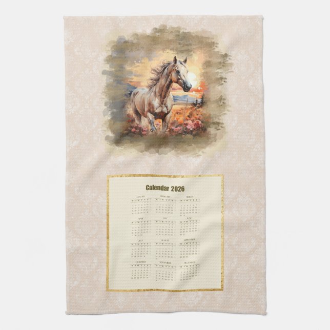 2026 Calendar Towel Horse in Sunset Geschirrtuch (Vertikal)