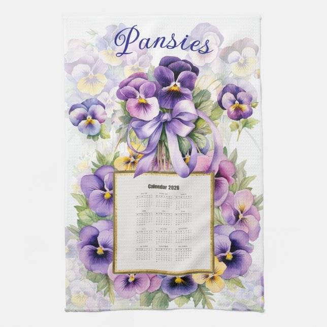 2026 Calendar Towel Pansy Pansies Geschirrtuch (Vertikal)
